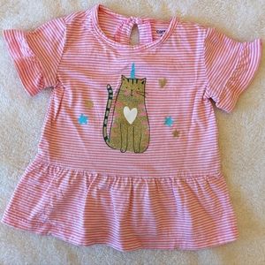 Carter's Pink/White Stripe Shirt Sleeve Top. Cute Cat Unicorn on front. 18 Month